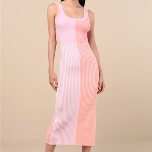 Lulus Radiant Personality Pink Color Block Ribbed Knit Midi Dress
